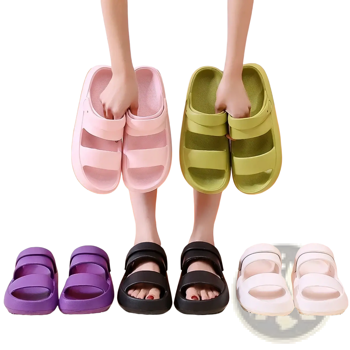 Women eva slide sandals flat summer beach shoes in pink and green rubber with two wide straps displayed with other colors