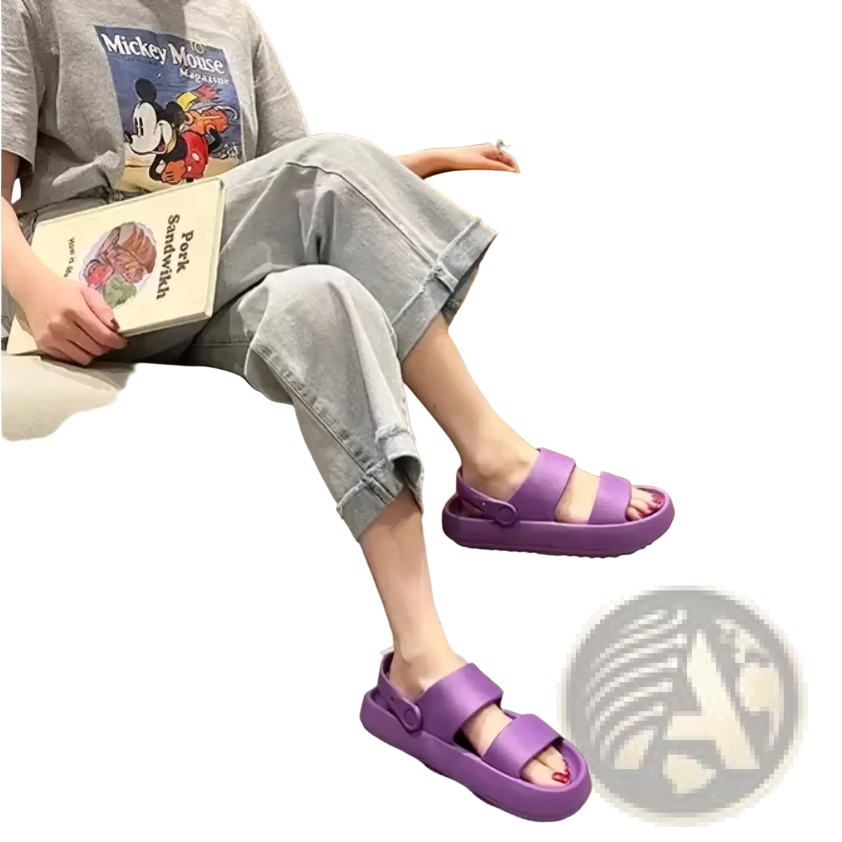 Women eva slide sandals are purple platform shoes with two wide straps and a buckle closure for summer beach use