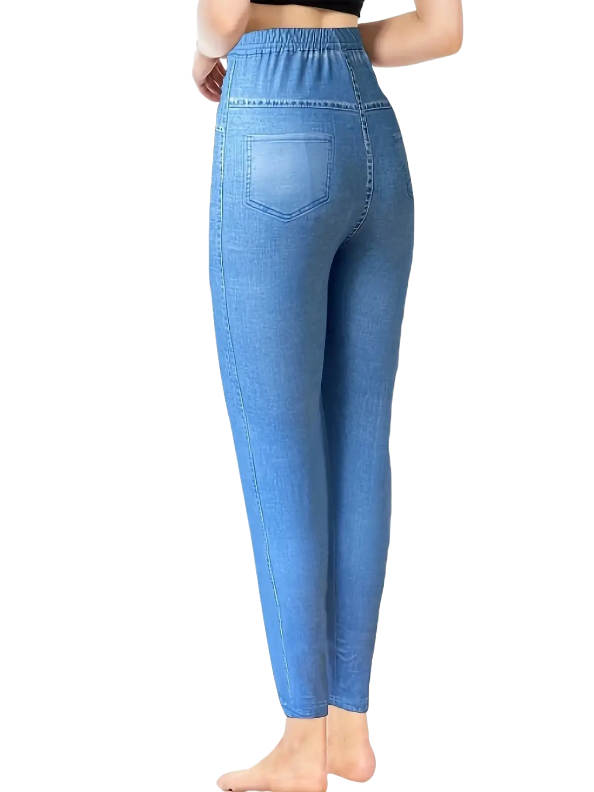 Back view of women faux denim print high waisted blue denim leggings with elastic waistband and back pocket