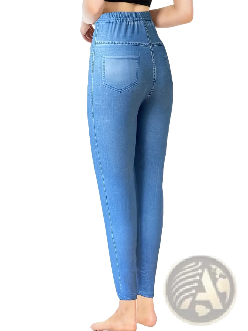 Back view of women faux denim print high waisted blue denim leggings with elastic waistband and back pocket