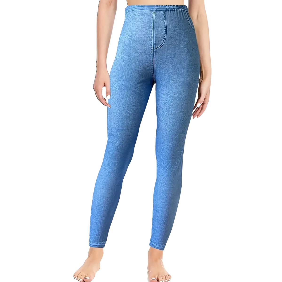 Women faux denim print leggings high waisted in blue with stretchy elastic waistband and subtle stitching details
