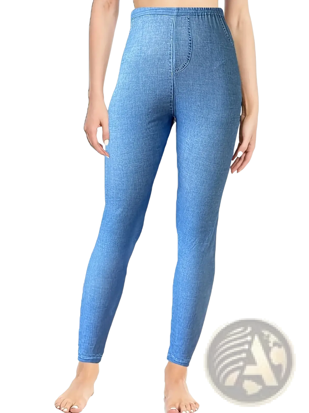 Women faux denim print high waisted leggings in blue denim style showcasing the back side of the product