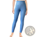 Women faux denim print leggings high waisted in blue with stretchy elastic waistband and subtle stitching details