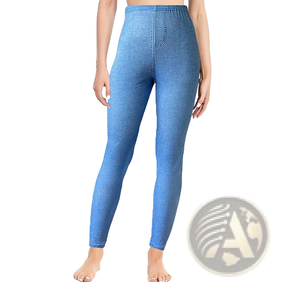 Women faux denim print leggings high waisted in blue with stretchy elastic waistband and subtle stitching details