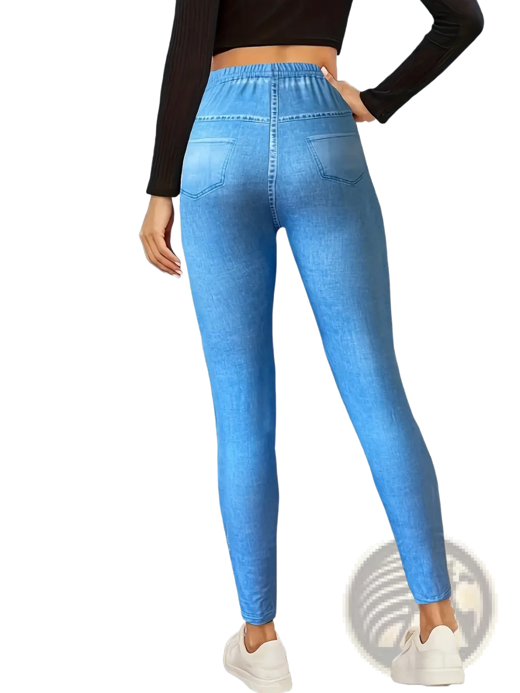Back view of women faux denim print light blue leggings with high waisted elastic waistband and two back pockets