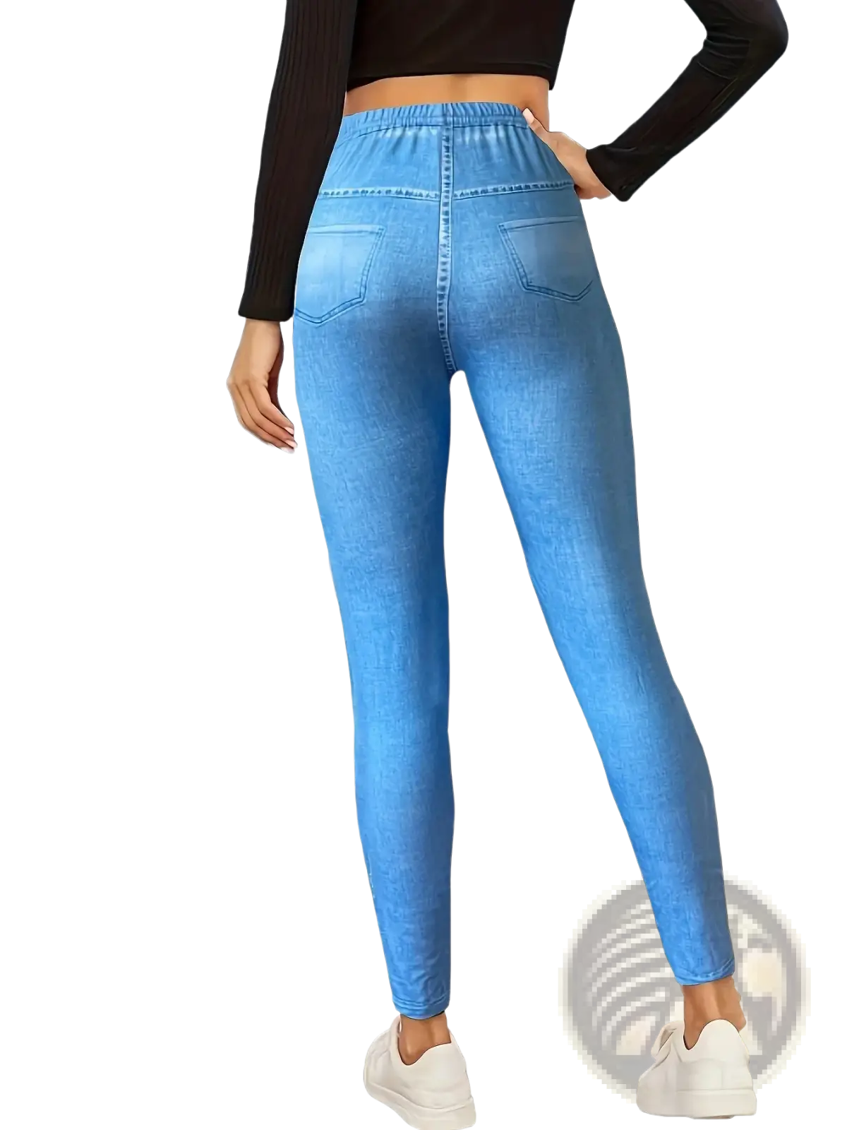 Back view of women faux denim print light blue leggings with high waisted elastic waistband and two back pockets