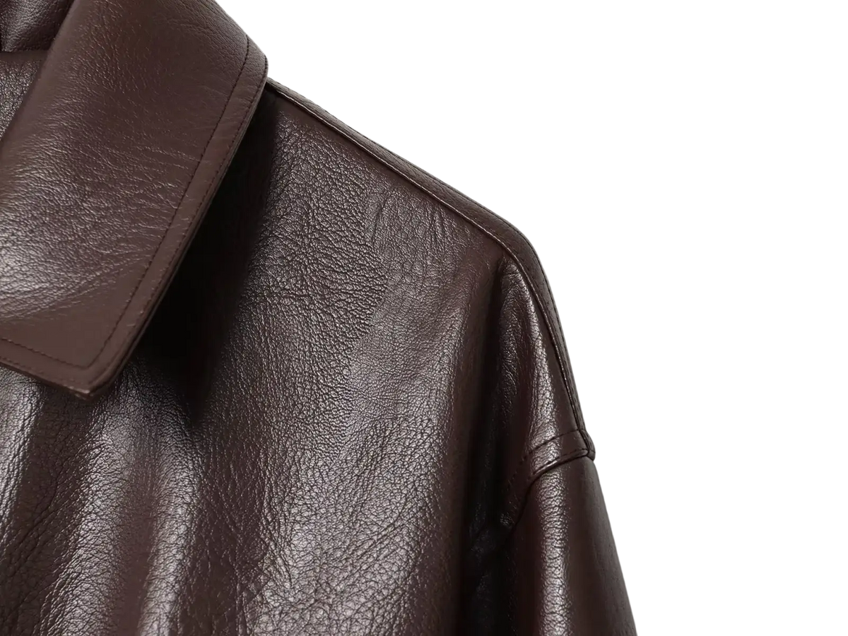 Women faux leather bomber jacket brown pu coat with textured glossy finish and clean stitching on collar and shoulder seam