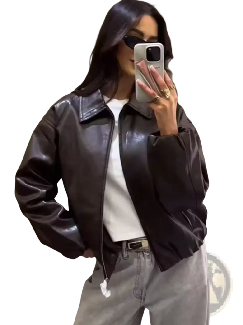 Women brown faux leather bomber jacket with matte finish and classic collar design in pu material
