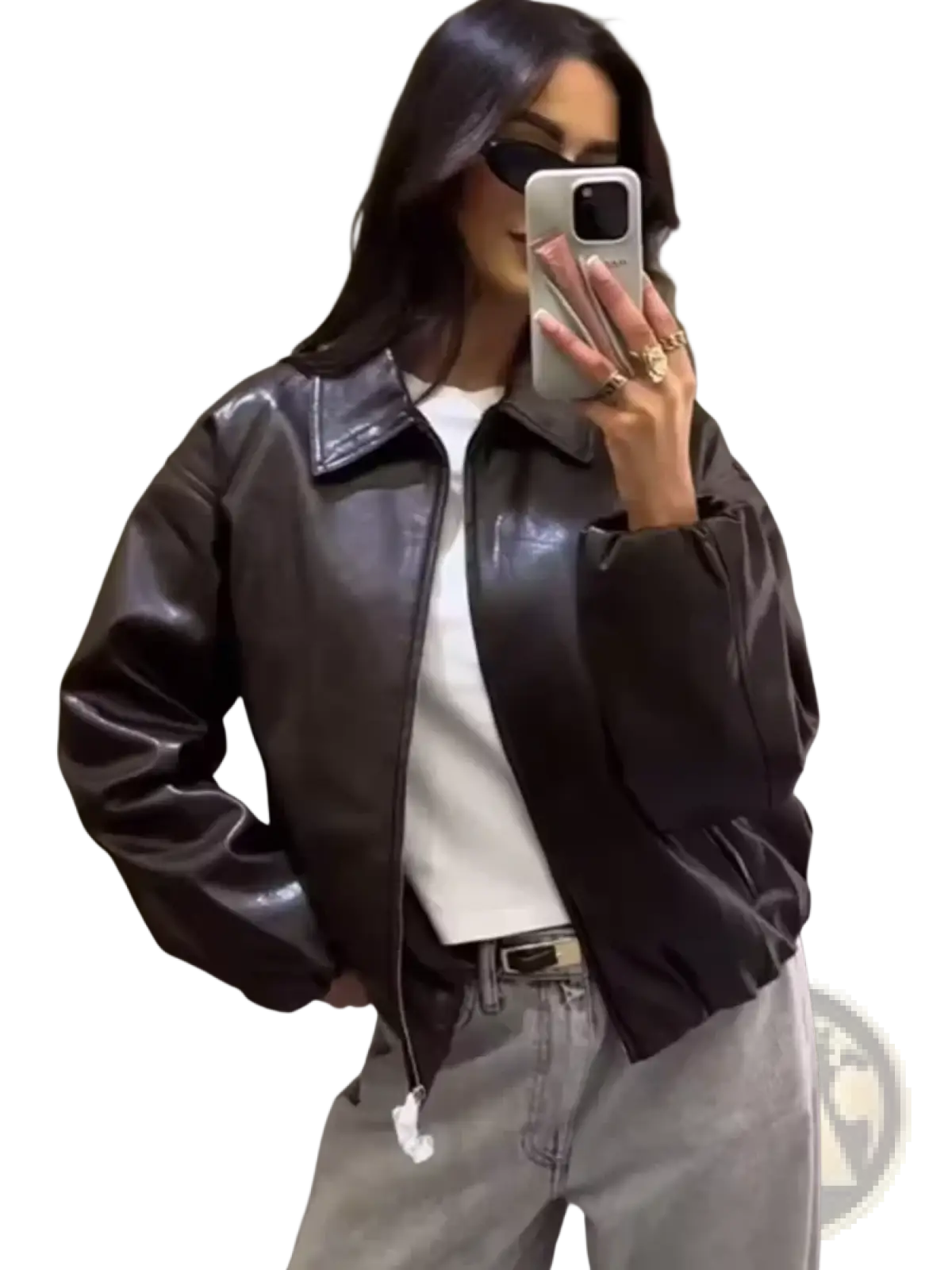 Women brown faux leather bomber jacket with matte finish and classic collar design in pu material