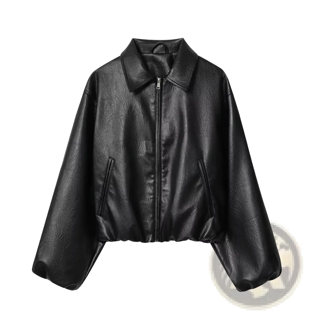 Women faux leather bomber jacket brown pu coat featuring a black faux leather jacket with classic collar and front zipper