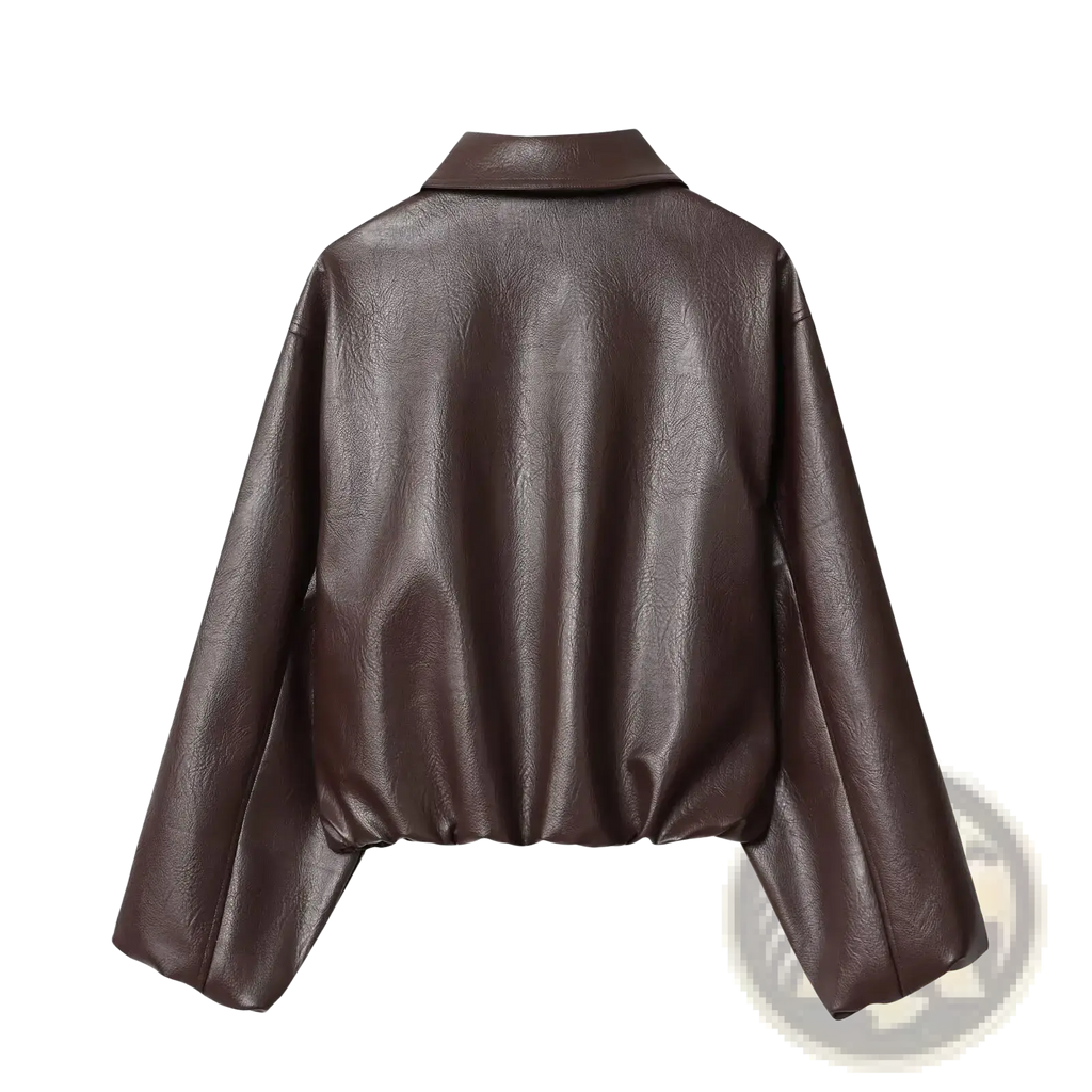 Women faux leather bomber jacket brown pu coat with classic collar and long slightly flared sleeves