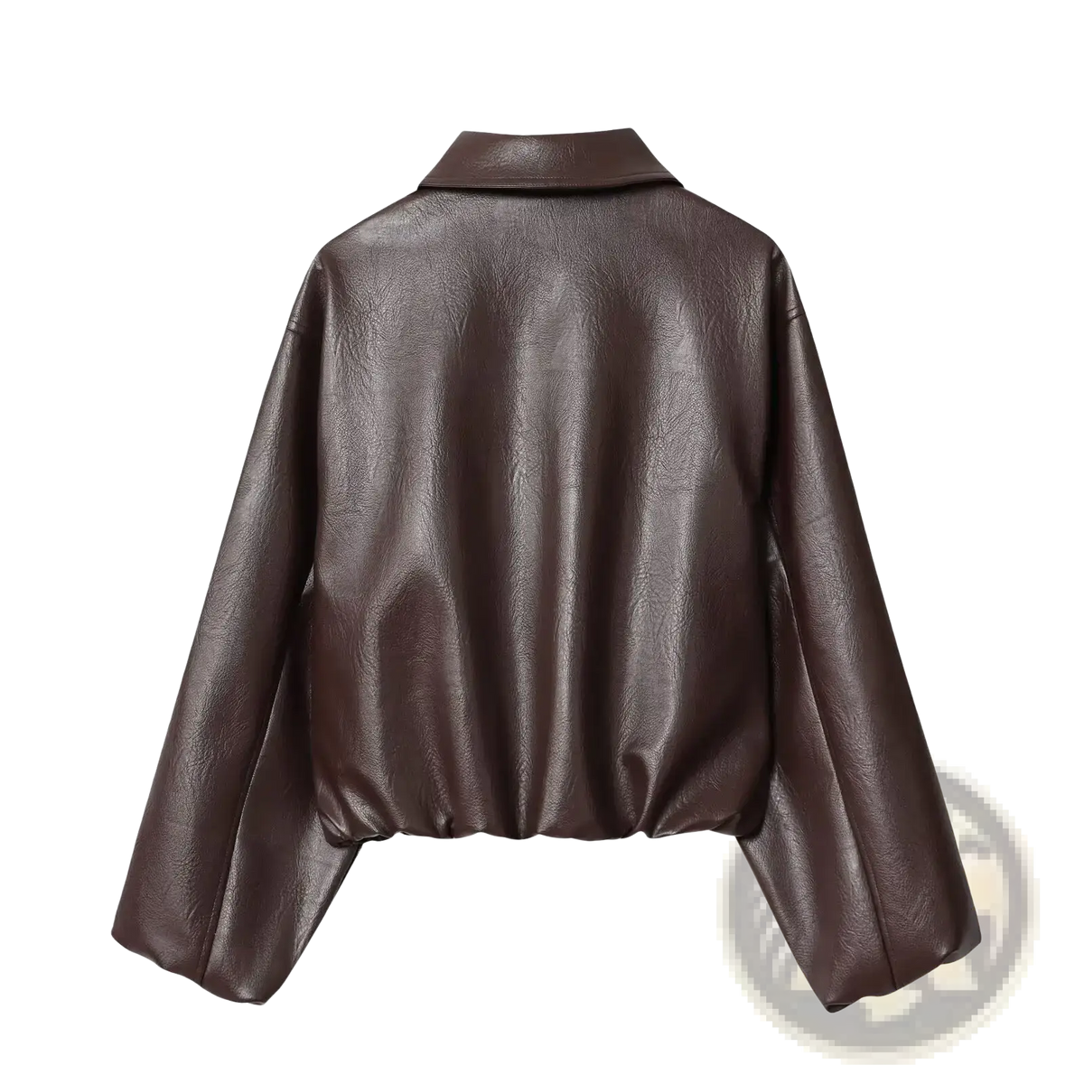 Women faux leather bomber jacket brown pu coat with classic collar and long slightly flared sleeves