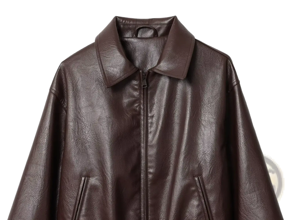 A dark brown women faux leather bomber jacket with classic collar and front zipper in pu material