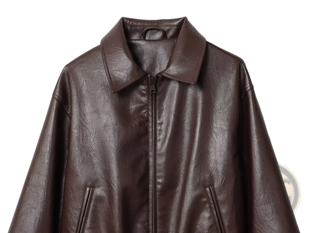 A dark brown women faux leather bomber jacket with classic collar and front zipper in pu material