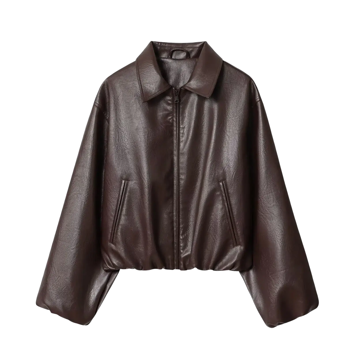Women faux leather bomber jacket brown pu coat with classic collar and front zipper in dark brown color