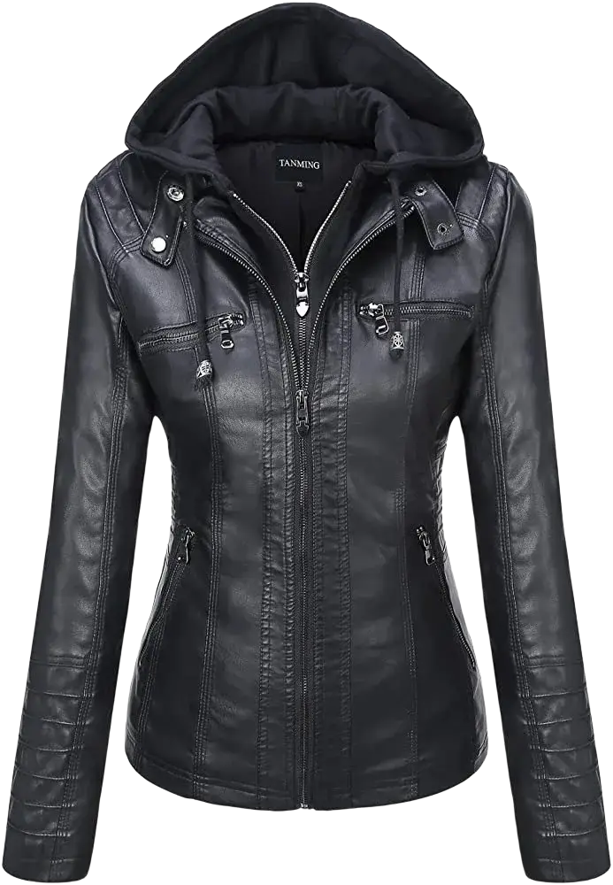 Women faux leather hooded bomber jacket in black featuring silver zippers and snap buttons on the front side