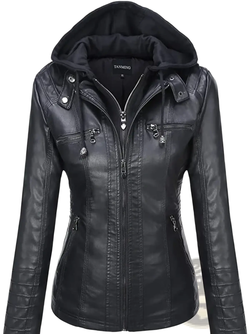 Women faux leather hooded bomber jacket in black with silver zippers and skull-shaped decorative zipper pulls