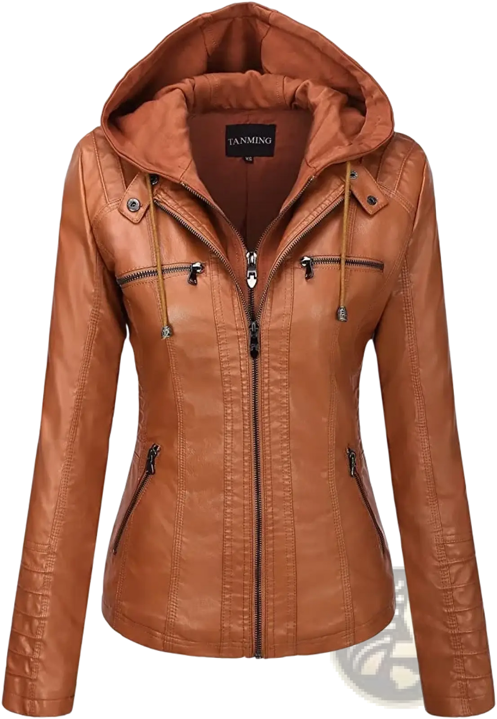 Women faux leather hooded bomber jacket in tan with front zipper, two side pockets, and adjustable drawstring hood