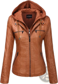 Women faux leather hooded bomber jacket in tan with front zipper, two side pockets, and adjustable drawstring hood
