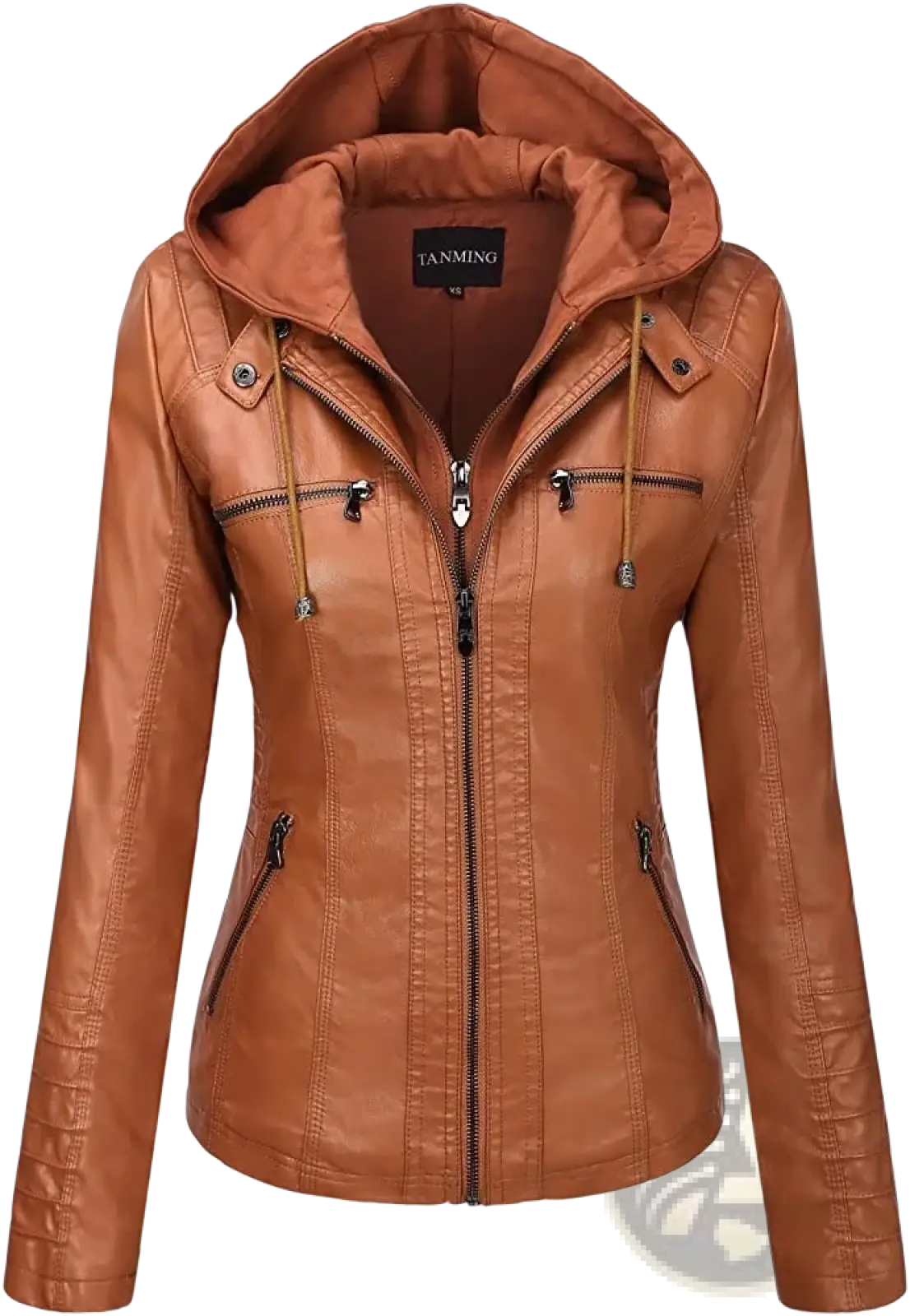 Women faux leather hooded bomber jacket in tan with front zipper, two side pockets, and adjustable drawstring hood
