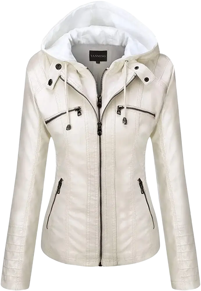 Women faux leather hooded bomber jacket in cream with black zippers and white-lined interior for stylish outerwear