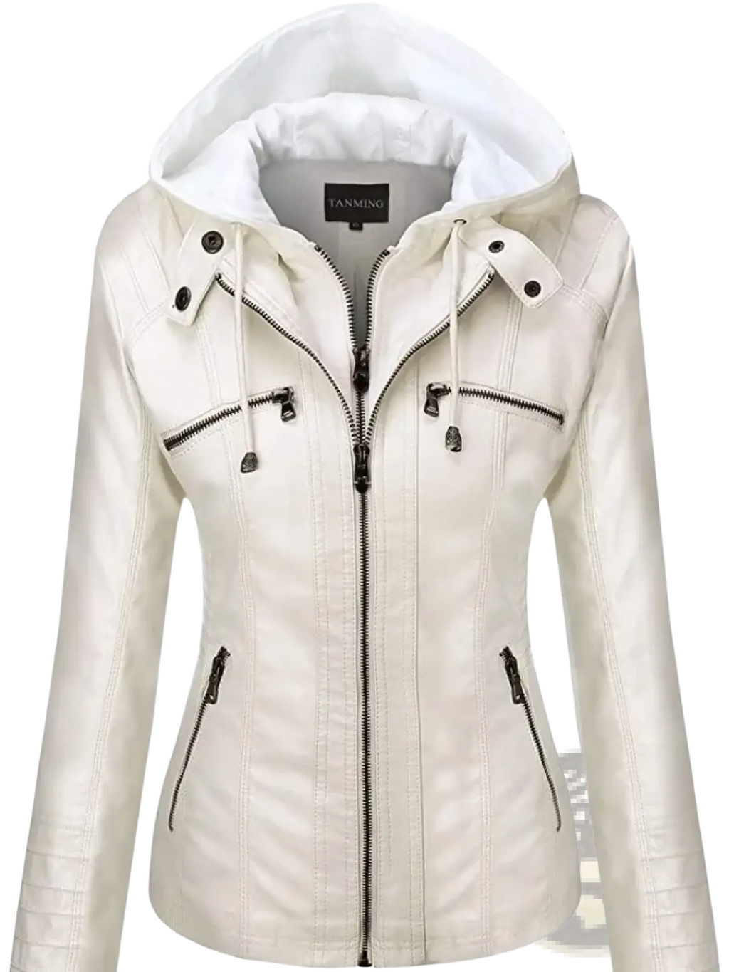 Women faux leather hooded bomber jacket in cream color with black zippers and snap buttons
