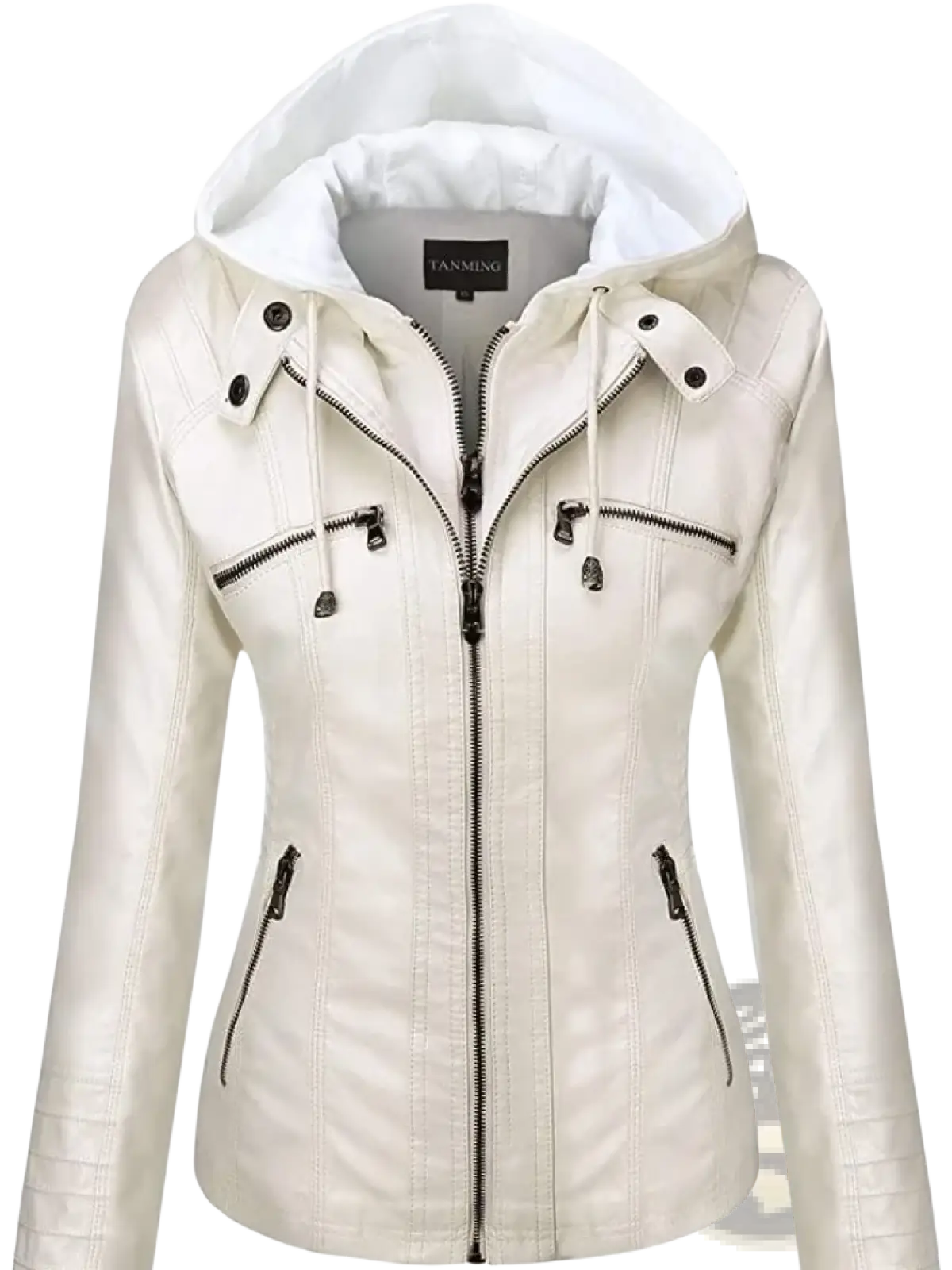 Women faux leather hooded bomber jacket in cream color with black zippers and snap buttons