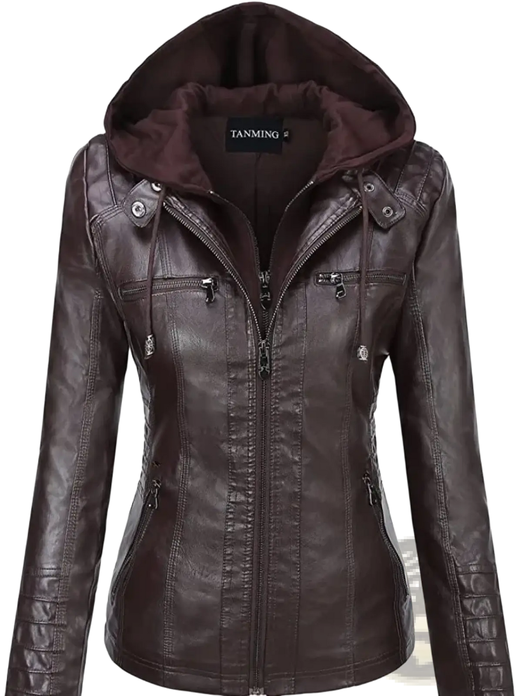 Women faux leather hooded bomber jacket in dark brown with contrasting inner lining and multiple zippered pockets