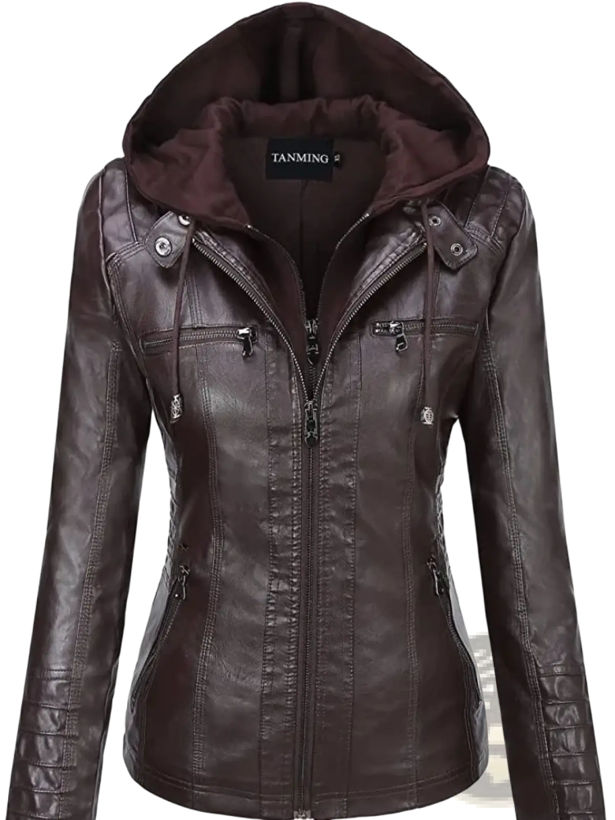 Women faux leather hooded bomber jacket in dark brown with contrasting inner lining and multiple zippered pockets
