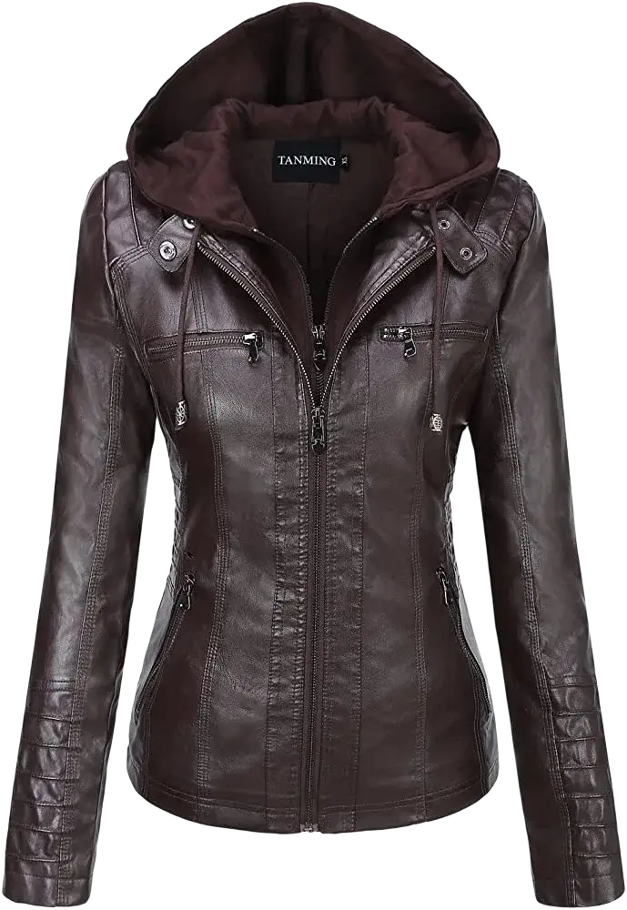 Dark brown women faux leather hooded bomber jacket with zipper closures and front pockets