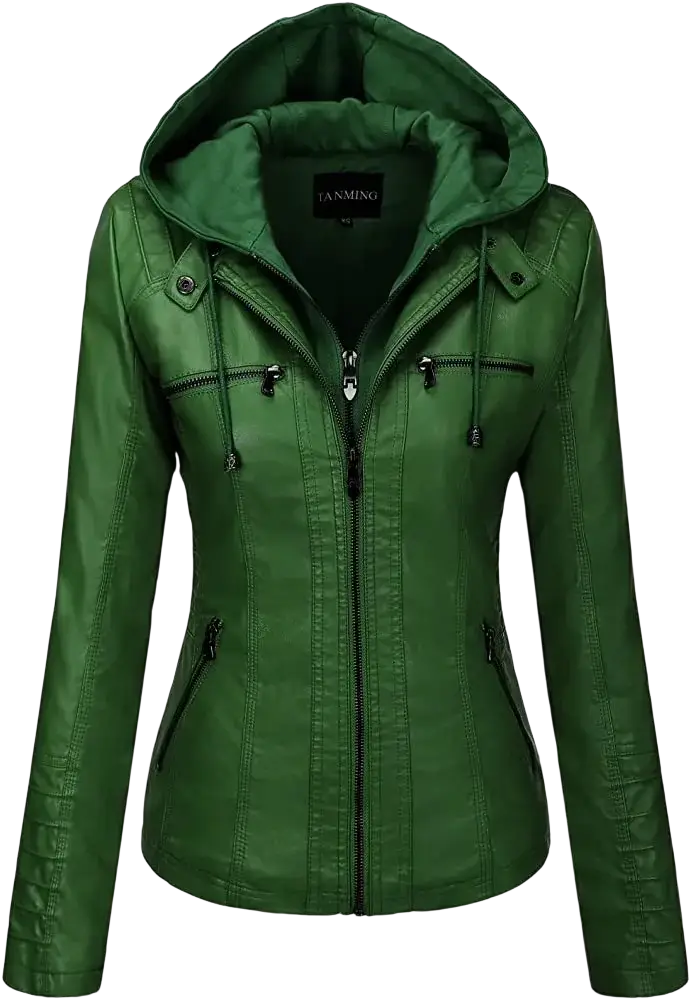 Women faux leather hooded bomber jacket in green with black zippers and a branded inner label