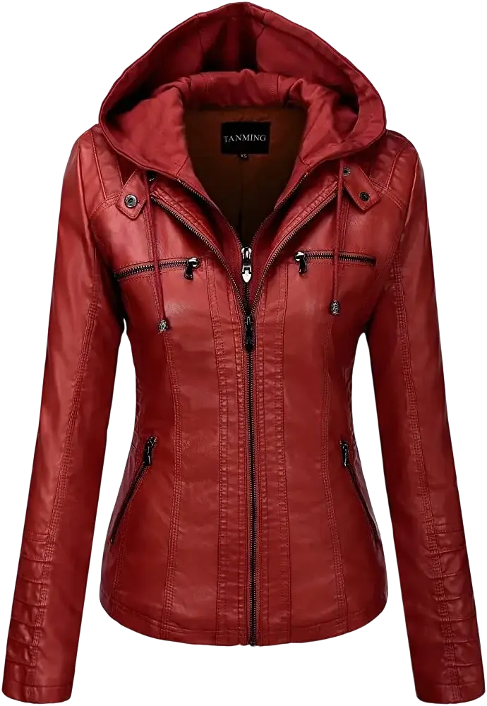 Women faux leather hooded bomber jacket in red with black zippers and silver-toned hardware