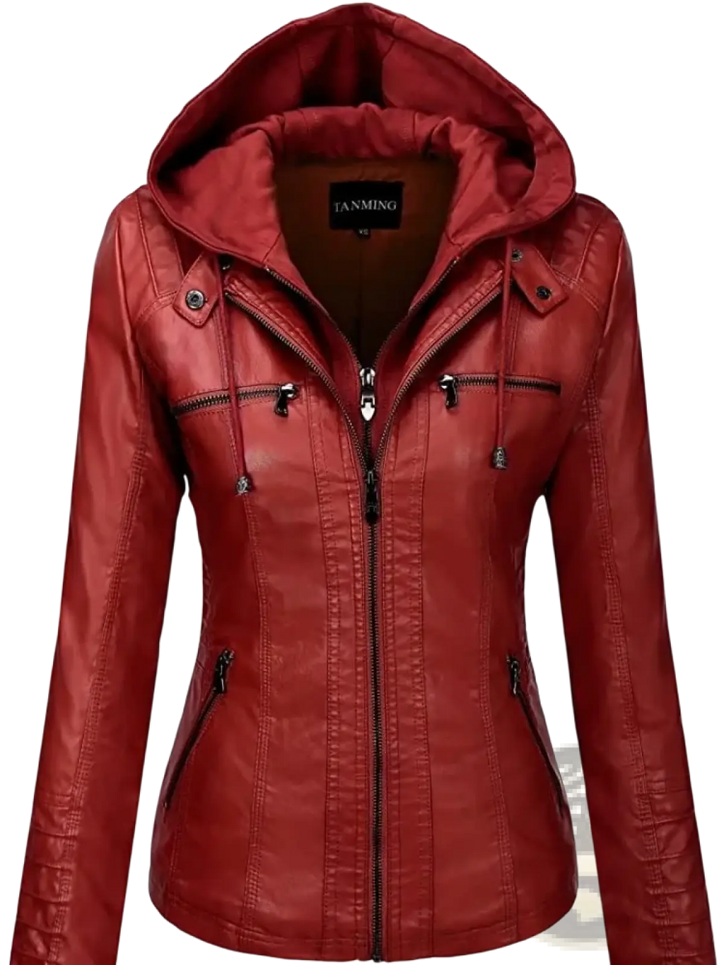 Women faux leather hooded bomber jacket in red with zipper front and multiple pockets for stylish outerwear