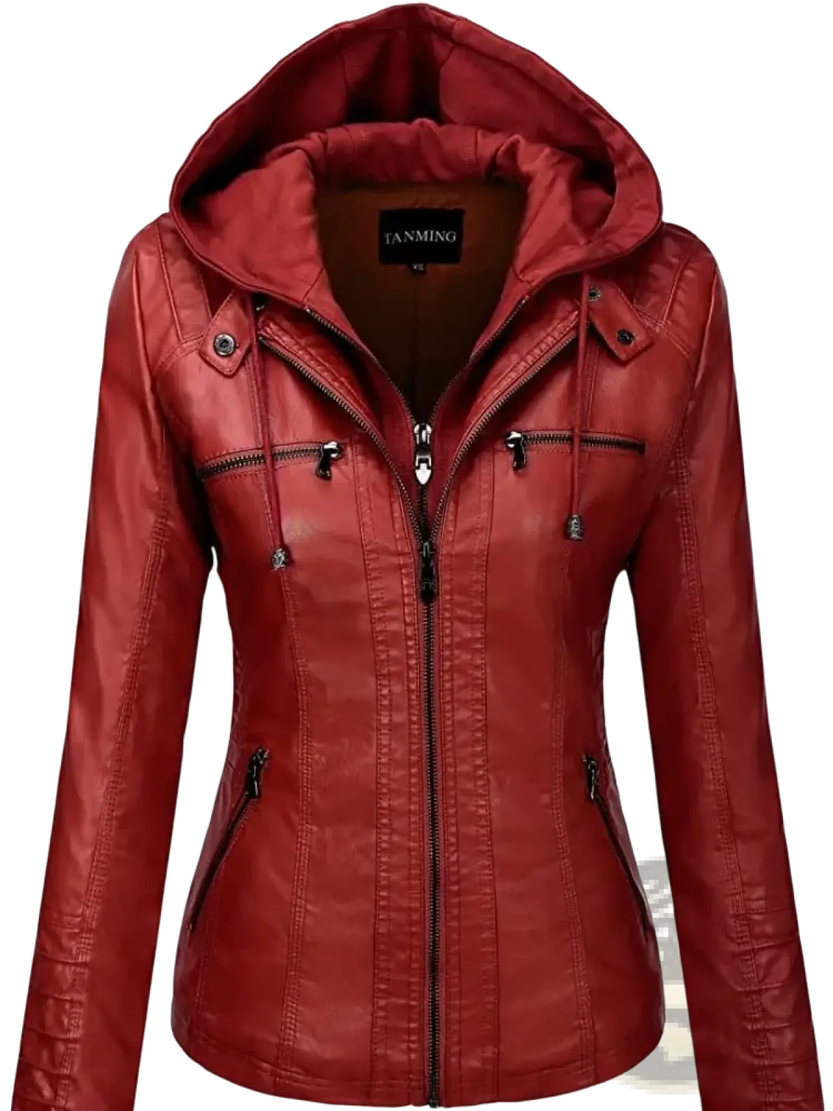 Women faux leather hooded bomber jacket in red with zipper front and multiple pockets for stylish outerwear