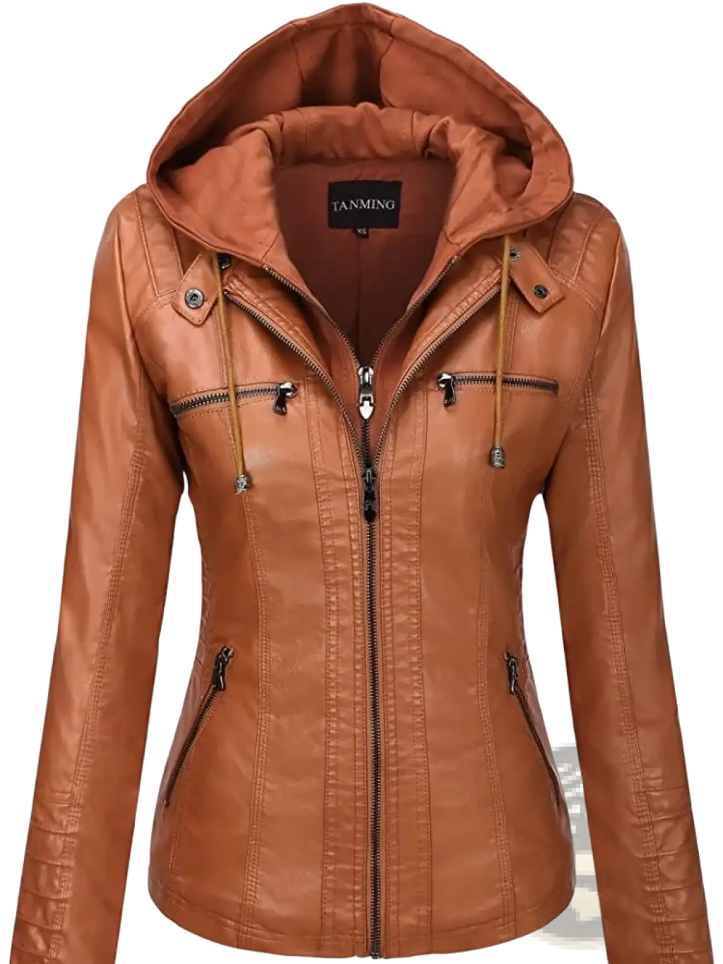 Tan faux leather women hooded bomber jacket with zippered pockets and adjustable drawstring hood front view