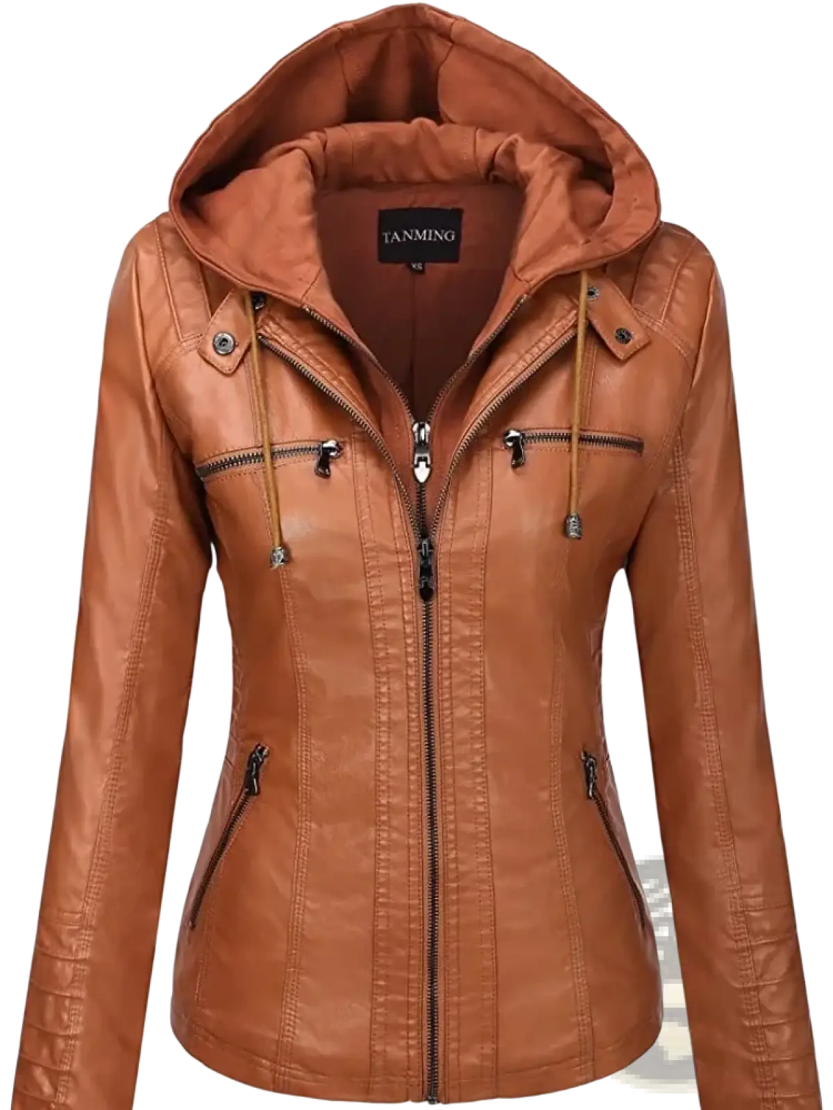 Tan faux leather women hooded bomber jacket with zippered pockets and adjustable drawstring hood front view