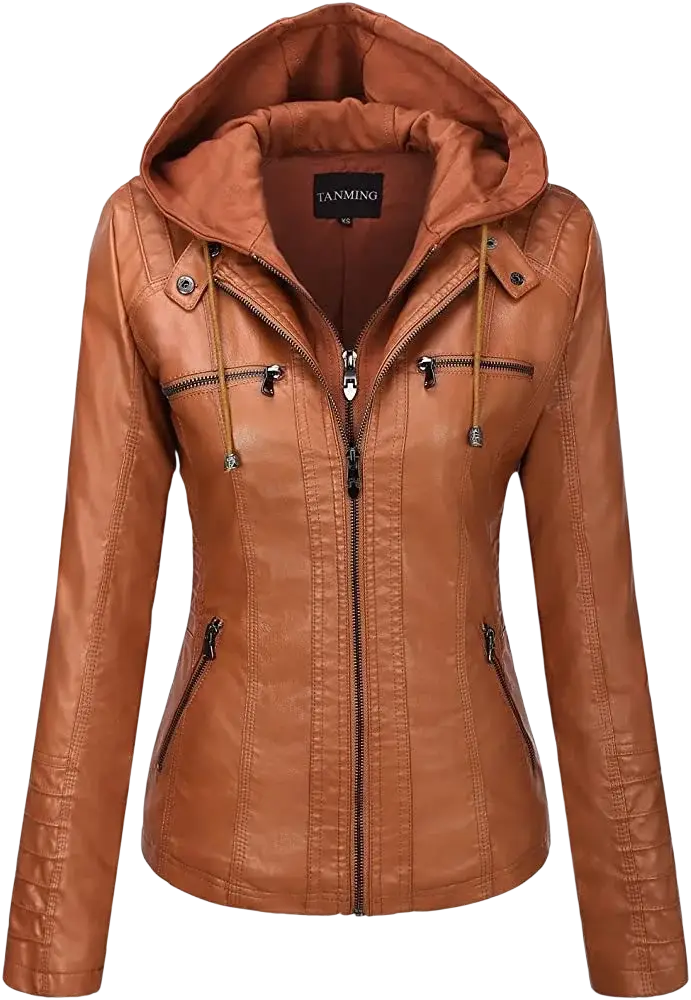 Women faux leather hooded bomber jacket in tan with front zipper, two side pockets, and adjustable drawstring hood
