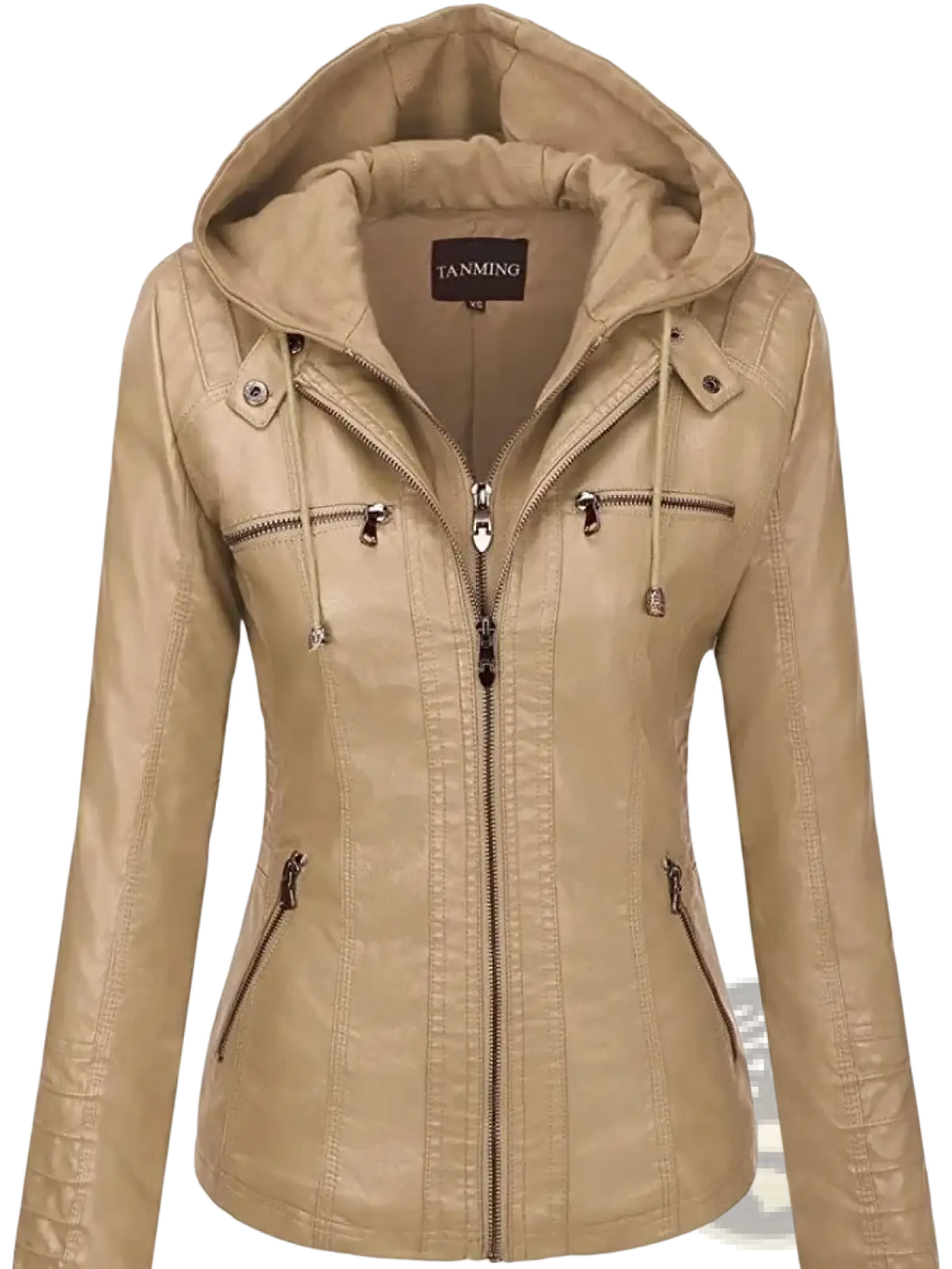 Women faux leather hooded bomber jacket in tan with front zipper chest and side hand pockets