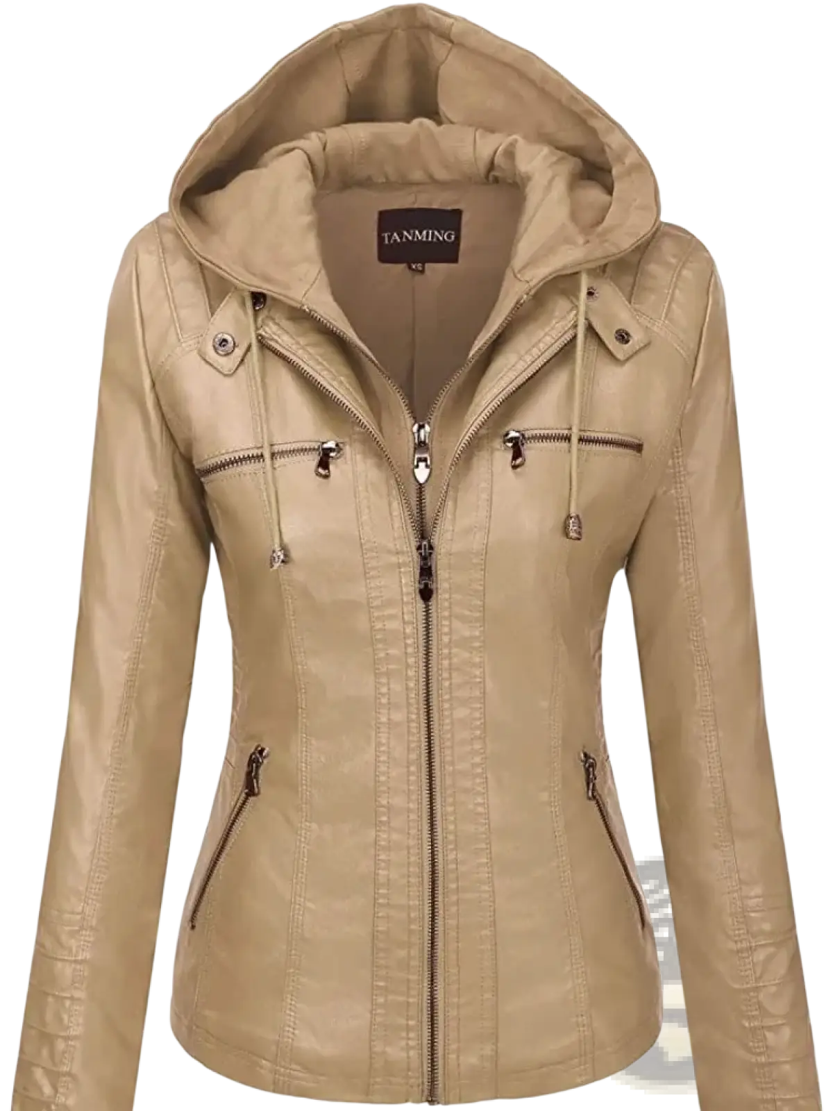 Women faux leather hooded bomber jacket in tan with front zipper chest and side hand pockets