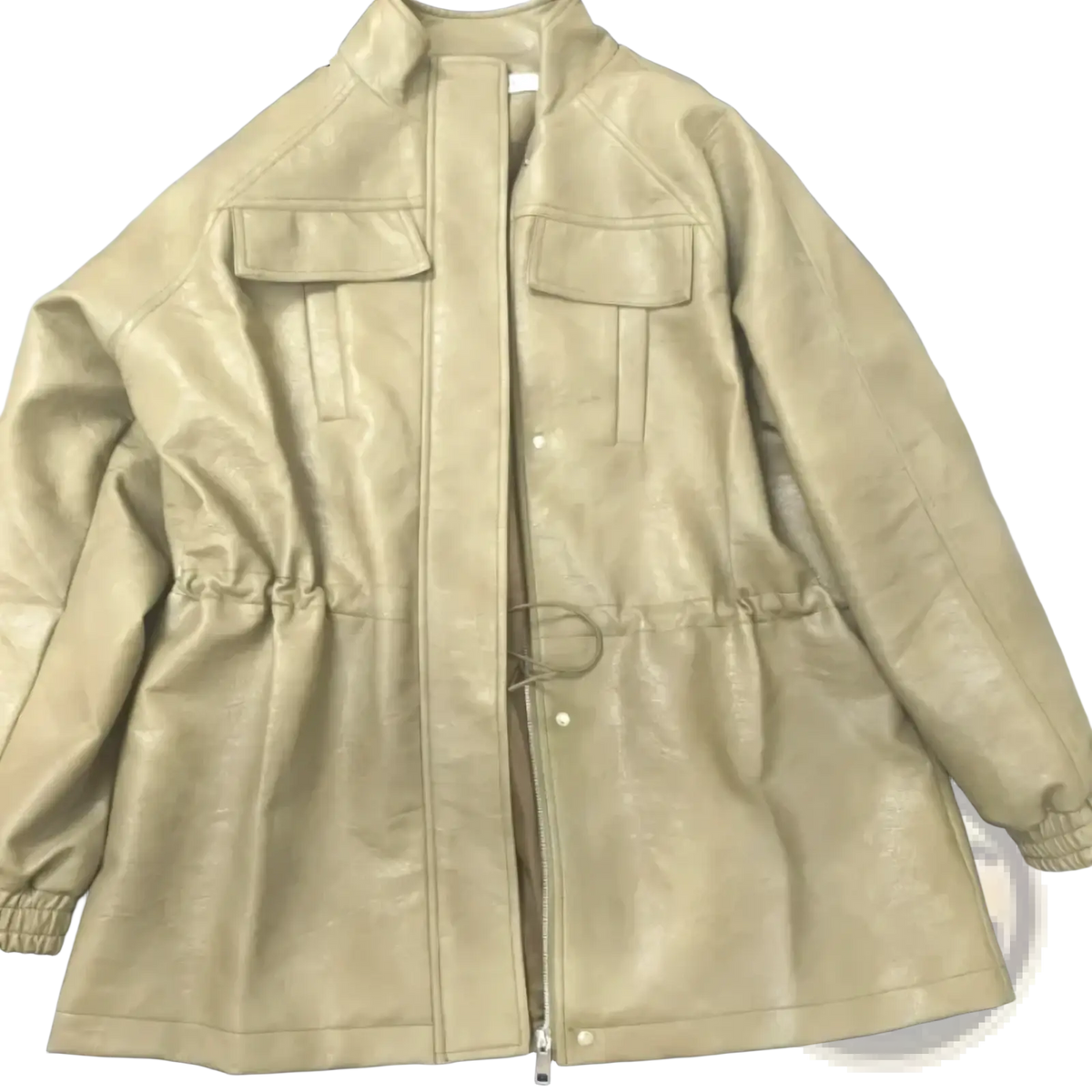 Beige faux leather women utility jacket with two front flap pockets and elastic drawstring waist casual coat