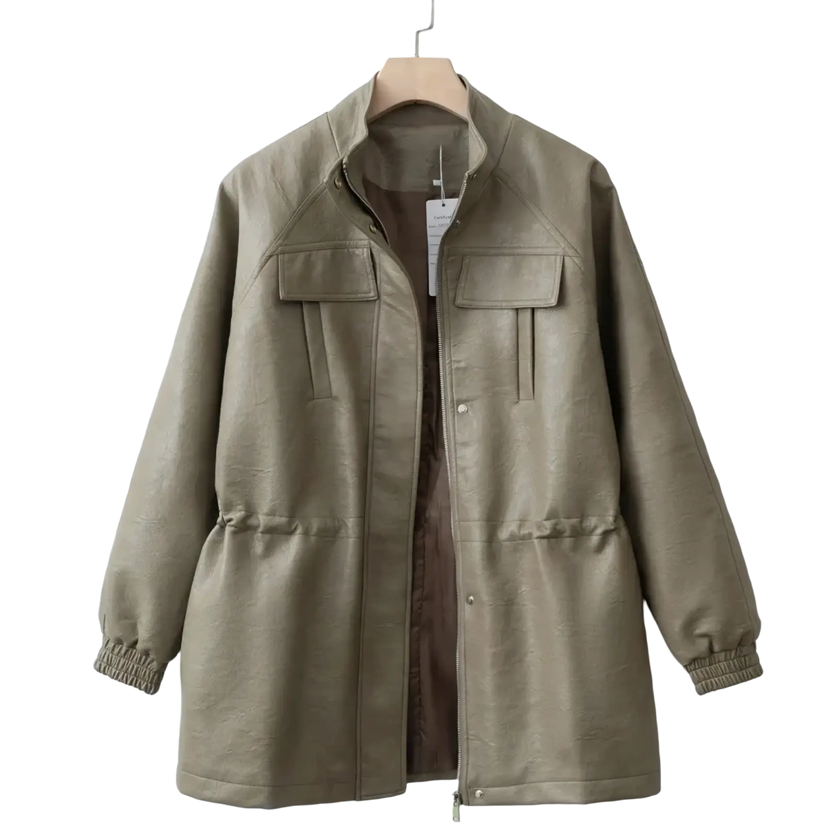 Women faux leather jacket casual utility coat in beige with stand-up collar, front flap pockets, and elastic cuffs