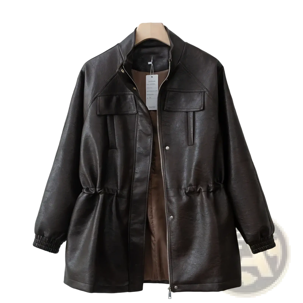 Dark brown women faux leather jacket with high collar front zipper and two chest pockets casual utility coat