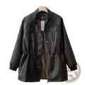 Dark brown women faux leather jacket with high collar front zipper and two chest pockets casual utility coat