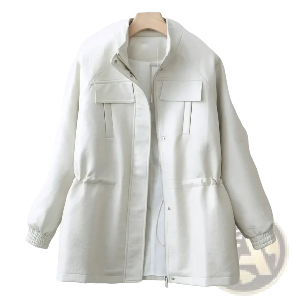 Women faux leather jacket casual utility coat in cream with high collar and two front flap pockets