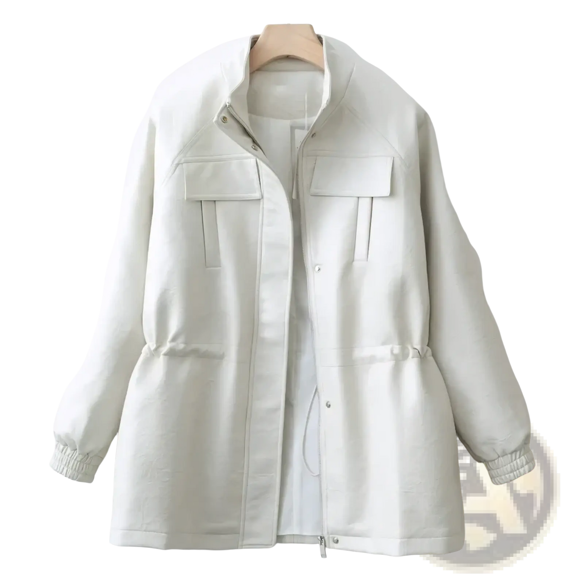 Women faux leather jacket casual utility coat in cream with high collar and two front flap pockets
