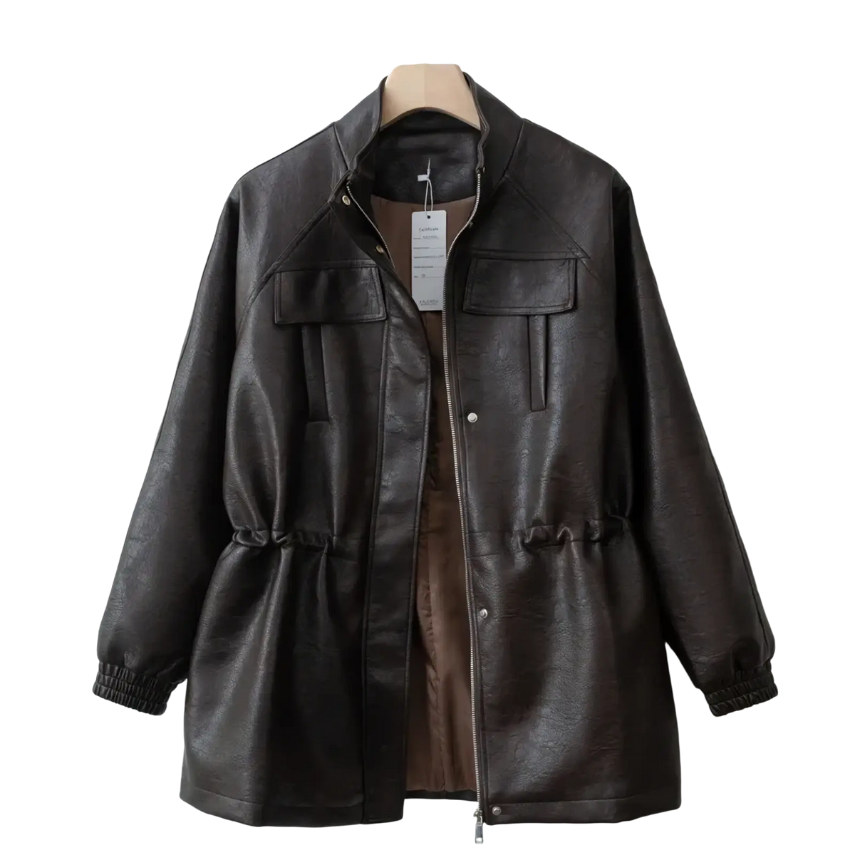 Dark brown women faux leather jacket with high collar front zipper and two chest pockets casual utility coat
