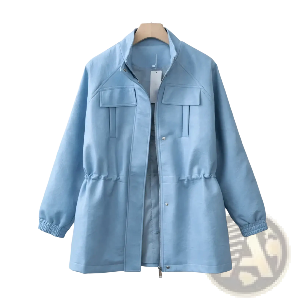 Women faux leather jacket casual utility coat in light blue with high collar and two front flap pockets