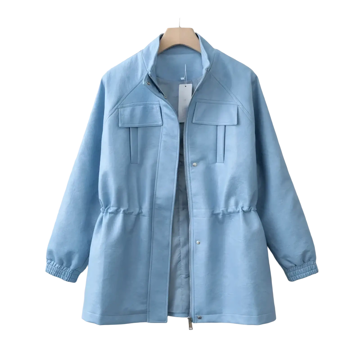 Light blue women faux leather jacket with soft texture, two front flap pockets, and elastic cuffs for casual wear