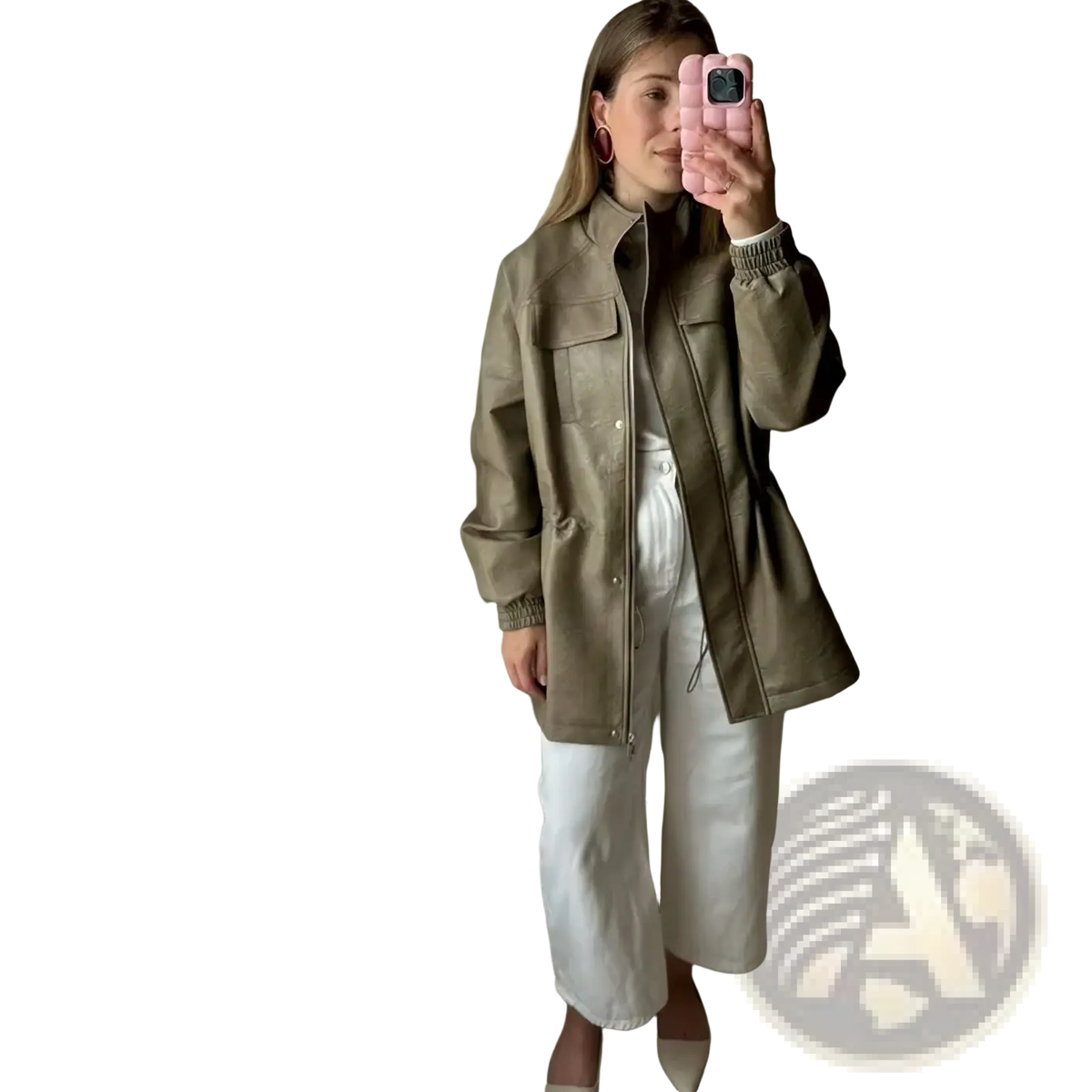 Women olive green faux leather jacket with buttoned front and flap pockets casual utility coat