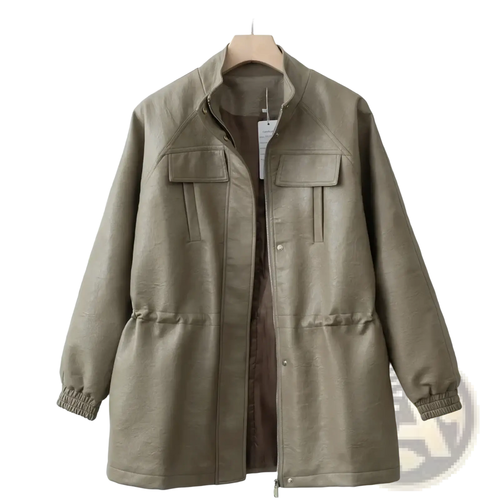 Women faux leather jacket casual utility coat taupe with stand-up collar two front flap pockets and elastic cuffs